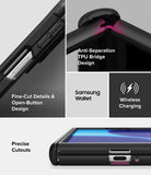 [Bundle] Galaxy Z Fold 8 | Onyx Flap (BK) + Screen Protectors (2P) - A Samsung Galaxy phone case shown in a multi-panel feature graphic. The collage highlights the black textured outer shell, a TPU anti-separation bridge, precise cutouts, and compatibility with a Samsung Wallet and wireless charging.