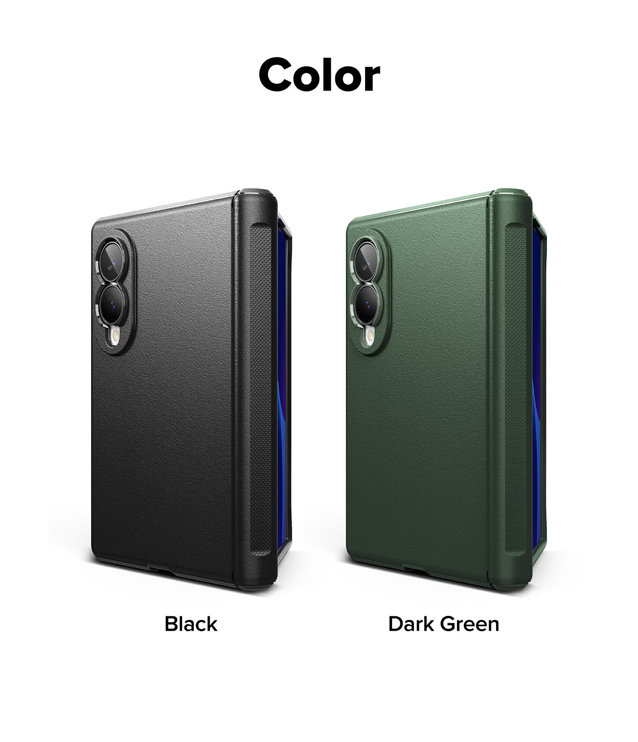 [Bundle] Galaxy Z Fold 8 | Onyx Flap (BK) + Screen Protectors (2P) - Two phone cases shown side by side on a white background under the heading 'Color'. The left case is labeled 'Black' and is matte black with a blue side accent.