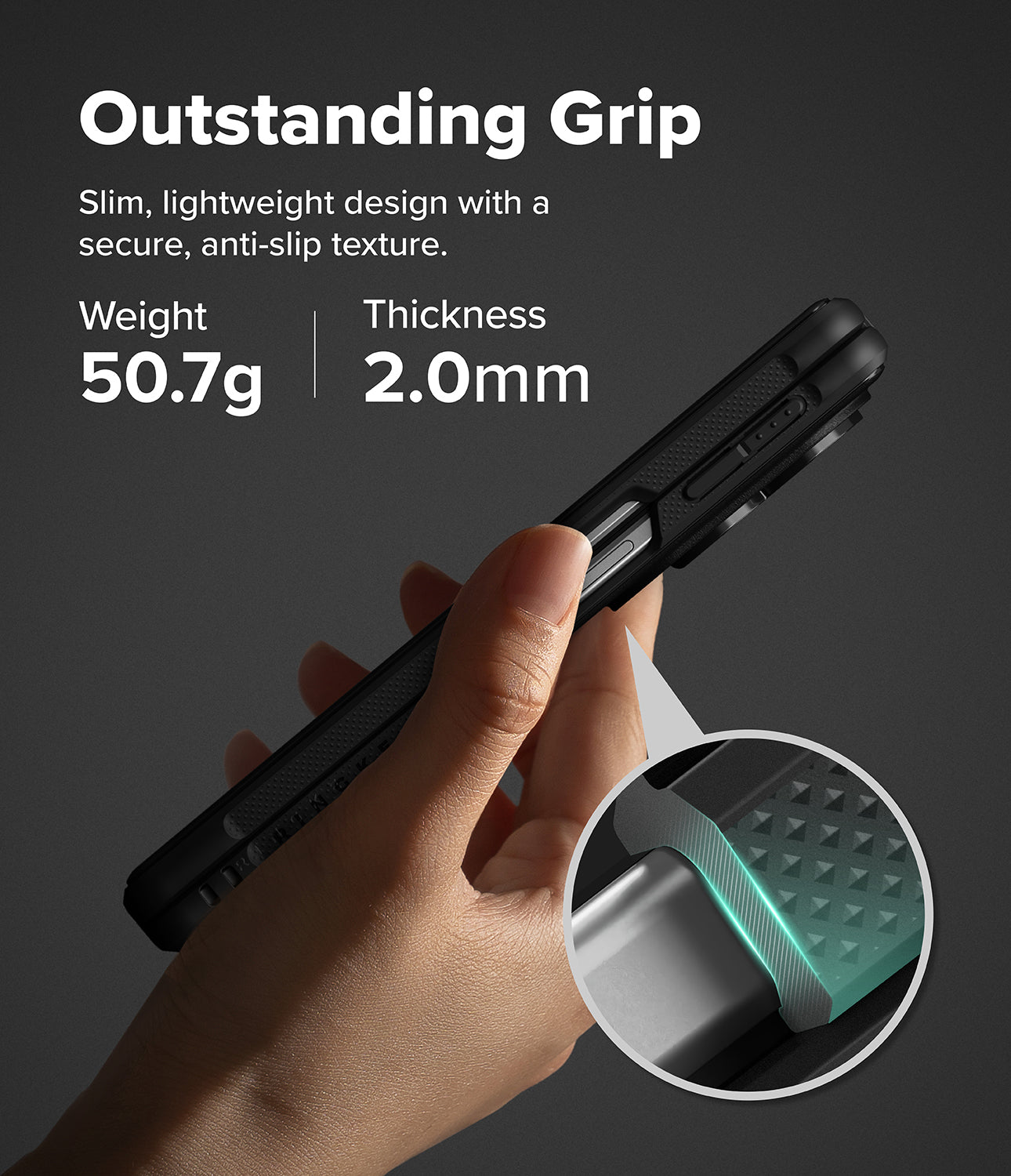 [Bundle] Galaxy Z Fold 8 | Onyx Flap (BK) + Screen Protectors (2P) - A hand holds a slim black protective phone case against a dark gray background, with marketing text reading 'Outstanding Grip' and a circular inset showing the textured grip detail.