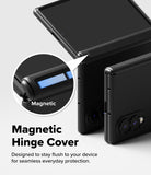 Galaxy Z Fold 8 Case | Onyx Flap - Black magnetic hinge cover shown on a smartphone fold, with a circular inset highlighting the magnetic feature and text reading 'Magnetic Hinge Cover' on a light gray background.