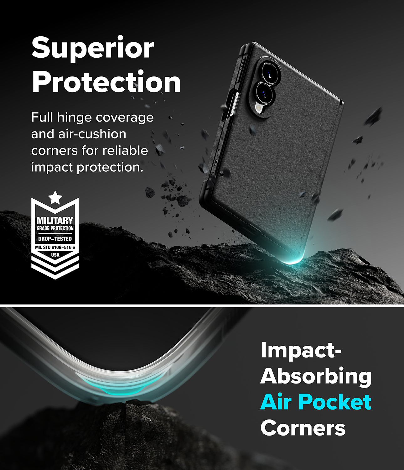 Galaxy Z Fold 8 Case | Onyx Flap - A promotional graphic for a smartphone case showing a folded phone floating above a dark rocky surface. Text reads 'Superior Protection' and 'Impact-Absorbing Air Pocket Corners,' with a military-style badge on the left and a close-up of the curved corner protection at the bottom.