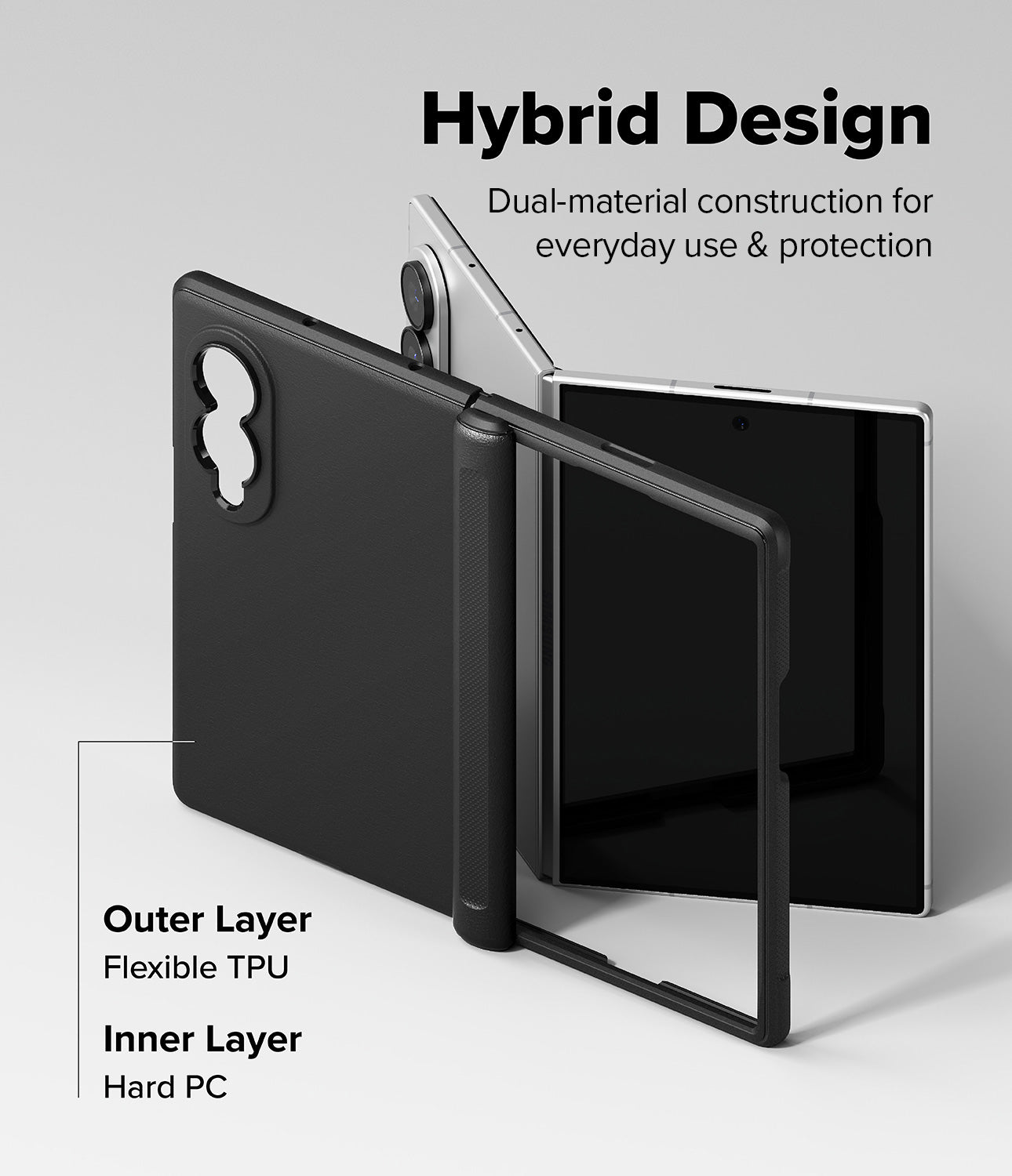 Galaxy Z Fold 8 Case | Onyx Flap - A black protective case for a foldable tablet, shown in a clean studio render with text explaining its hybrid design. The image highlights the outer flexible TPU layer and inner hard PC layer, with the tablet partially opened to demonstrate the case's fit and flexibility.