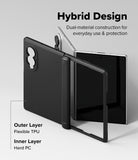 [Bundle] Galaxy Z Fold 8 | Onyx Flap (BK) + Screen Protectors (2P) - A black protective case for a foldable tablet, shown in a clean studio render with text explaining its hybrid design. The image highlights the outer flexible TPU layer and inner hard PC layer, with the tablet partially opened to demonstrate the case's fit and flexibility.
