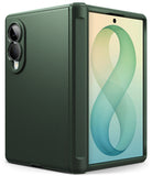 Galaxy Z Fold 8 Case | Onyx Flap - A dark forest green protective case for a foldable smartphone, shown with the phone partially inserted. The case features a textured leather-like back, a textured side panel, and a precise cutout for the dual camera system.