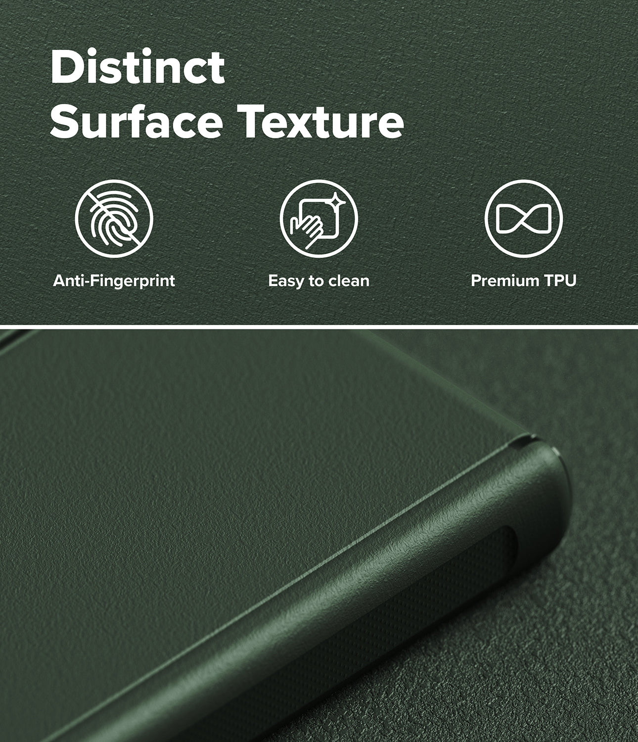 Galaxy Z Fold 8 Case | Onyx Flap - Dark green phone case with a textured surface, featuring a close-up of the corner showing its premium TPU material. The top portion contains white text reading 'Distinct Surface Texture' with three icons labeled 'Anti-Fingerprint', 'Easy to clean', and 'Premium TPU'.