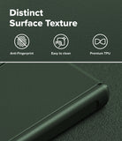 Galaxy Z Fold 8 Case | Onyx Flap - Dark green phone case with a textured surface, featuring a close-up of the corner showing its premium TPU material. The top portion contains white text reading 'Distinct Surface Texture' with three icons labeled 'Anti-Fingerprint', 'Easy to clean', and 'Premium TPU'.