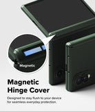 Galaxy Z Fold 8 Case | Onyx Flap - Dark green magnetic hinge cover case shown on a smartphone, with a circular inset highlighting the magnetic feature and text reading 'Magnetic Hinge Cover' on a light gray background.