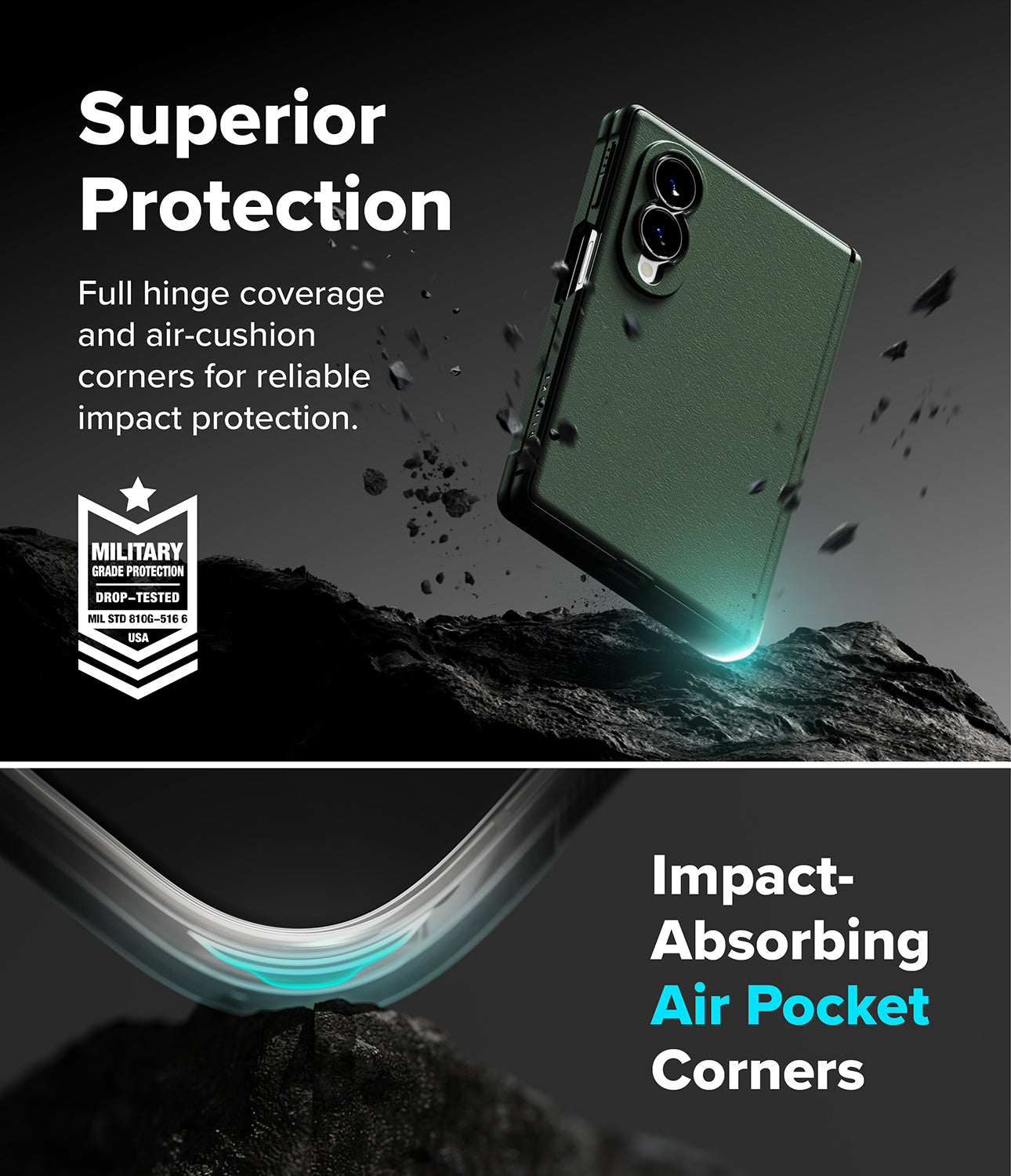 Galaxy Z Fold 8 Case | Onyx Flap - A dark green rugged smartphone case shown floating above a rocky surface in a dramatic promotional graphic. Text reads 'Superior Protection' and 'Impact-Absorbing Air Pocket Corners,' with a military-style badge on the left.