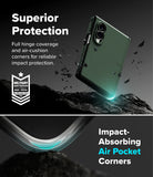Galaxy Z Fold 8 Case | Onyx Flap - A dark green rugged smartphone case shown floating above a rocky surface in a dramatic promotional graphic. Text reads 'Superior Protection' and 'Impact-Absorbing Air Pocket Corners,' with a military-style badge on the left.