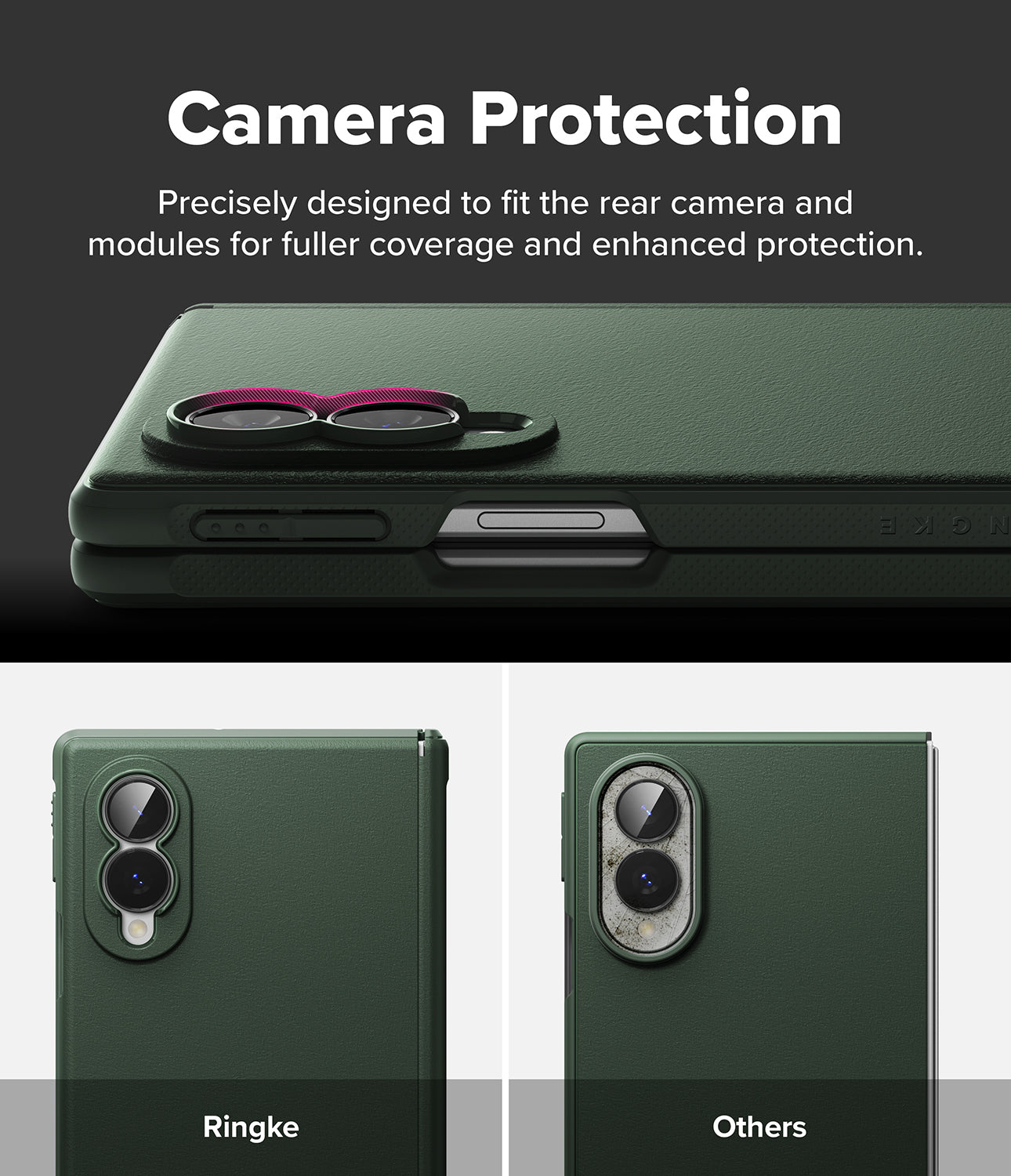 Galaxy Z Fold 8 Case | Onyx Flap - Dark green phone case with a raised camera bumper, shown from the back with text reading 'Camera Protection' and two smaller examples labeled Ringke and Others.