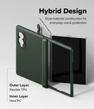 Galaxy Z Fold 8 Case | Onyx Flap - A dark green protective case for a foldable tablet, shown both open and closed on a light gray background with text explaining its hybrid design and materials.