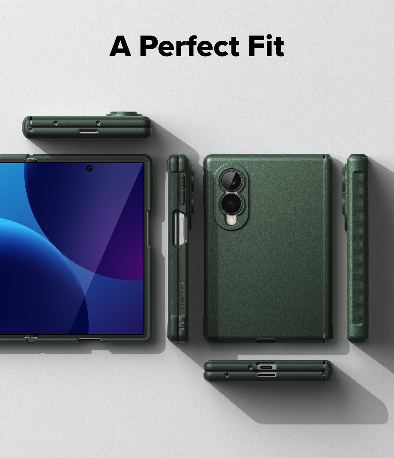 Galaxy Z Fold 8 Case | Onyx Flap - A dark green protective case shown from multiple angles on a light gray background, with the text 'A Perfect Fit' at the top. The case is displayed around a foldable smartphone, showing the back, side, and closed front views.