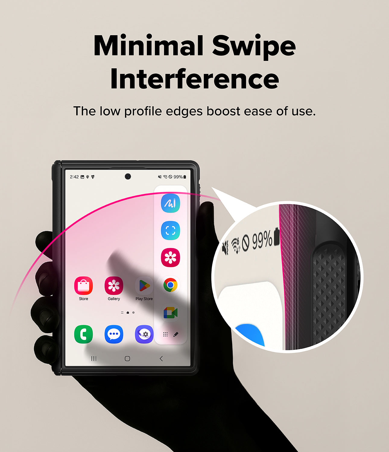 Galaxy Z Fold 8 Case | Onyx Flap Magnetic - A black smartphone case with minimal profile edges is shown on a hand against a beige background, with text reading 'Minimal Swipe Interference' and a circular inset highlighting the low-profile edge design.