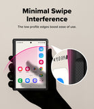 Galaxy Z Fold 8 Case | Onyx Flap Magnetic - A black smartphone case with minimal profile edges is shown on a hand against a beige background, with text reading 'Minimal Swipe Interference' and a circular inset highlighting the low-profile edge design.
