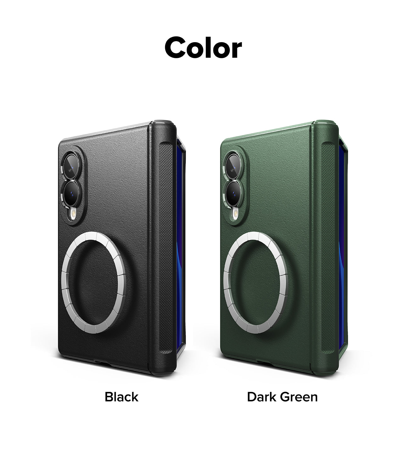 Galaxy Z Fold 8 Case | Onyx Flap Magnetic - Two phone cases shown side by side on a white background under the heading 'Color'. The left case is labeled 'Black' and is matte black with a silver ring and blue side accent.