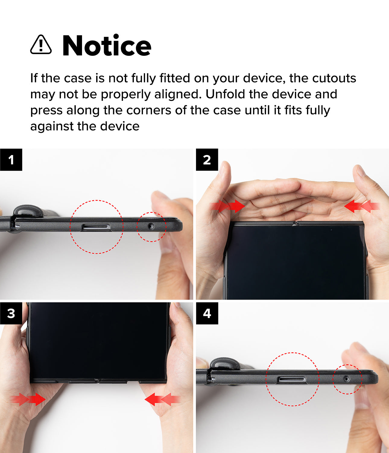 Galaxy Z Fold 8 Case | Onyx Flap Magnetic (BK) - Instruction diagram showing four steps for fitting a black protective phone case onto a smartphone, with a notice at the top explaining proper alignment and red arrows highlighting the pressing motion.