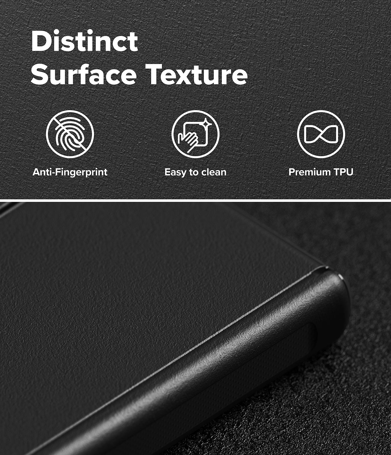 Galaxy Z Fold 8 Case | Onyx Flap Magnetic - Close-up of a black textured phone case with a raised edge, shown below marketing text that reads 'Distinct Surface Texture' with icons for anti-fingerprint, easy to clean, and premium TPU.