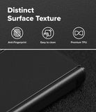 Galaxy Z Fold 8 Case | Onyx Flap Magnetic - Close-up of a black textured phone case with a raised edge, shown below marketing text that reads 'Distinct Surface Texture' with icons for anti-fingerprint, easy to clean, and premium TPU.
