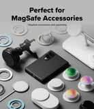 Galaxy Z Fold 8 Case | Onyx Flap Magnetic - A promotional layout showing a black smartphone surrounded by various MagSafe-compatible accessories, including a black magnetic mount, white ring stands, white clip stands, and several white circular holders with iridescent color-changing tops. Text at the top reads 'Perfect for MagSafe Accessories' with a smaller note that MagSafe accessories are sold separately.