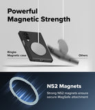 Galaxy Z Fold 8 Case | Onyx Flap Magnetic - A promotional graphic for a black Ringke magnetic phone case with a silver MagSafe ring. The top half shows the case floating near a matching magnetic disc under the text 'Powerful Magnetic Strength,' with 'Ringke Magnetic case' and 'Others' labeled.