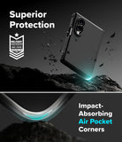 Galaxy Z Fold 8 Case | Onyx Flap Magnetic - A dark transparent protective phone case shown floating above a rocky surface, with marketing text reading 'Superior Protection' and 'Impact-Absorbing Air Pocket Corners.' The design includes a military impact-absorbing badge and a close-up detail of the curved corner protection.