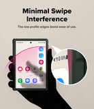Galaxy Z Fold 8 Case | Onyx Flap Magnetic - A black smartphone case with minimal profile edges is shown on a hand against a beige background, with text reading 'Minimal Swipe Interference' and a circular inset highlighting the low-profile edge design.