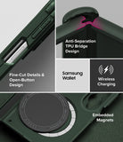 Galaxy Z Fold 8 Case | Onyx Flap Magnetic - Dark green rugged phone case collage showing close-up features: a fine-cut open-button design, anti-separation TPU bridge, Samsung wallet compatibility, wireless charging support, and embedded magnets.