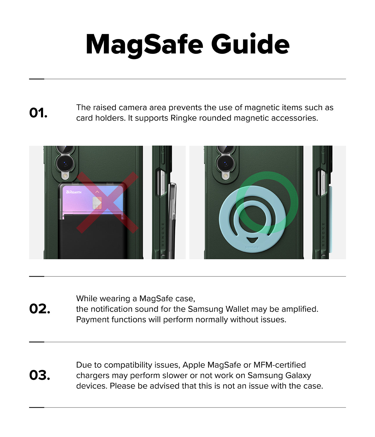Galaxy Z Fold 8 Case | Onyx Flap Magnetic - A product information sheet titled 'MagSafe Guide' with three numbered text points and small inset photos showing a dark phone case with MagSafe alignment graphics and a magnetic card holder attachment.