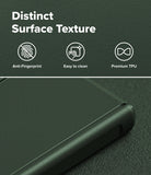 Galaxy Z Fold 8 Case | Onyx Flap Magnetic - Dark green phone case with a textured surface, featuring a close-up of the corner showing its premium TPU material. The top portion contains white text reading 'Distinct Surface Texture' with three icons labeled 'Anti-Fingerprint', 'Easy to clean', and 'Premium TPU'.