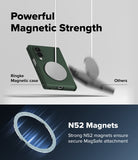 Galaxy Z Fold 8 Case | Onyx Flap Magnetic - A promotional graphic for a black Ringke magnetic phone case with a silver MagSafe ring. The top half shows the case floating near a matching magnetic disc under the text 'Powerful Magnetic Strength,' with 'Ringke Magnetic case' and 'Others' labeled.