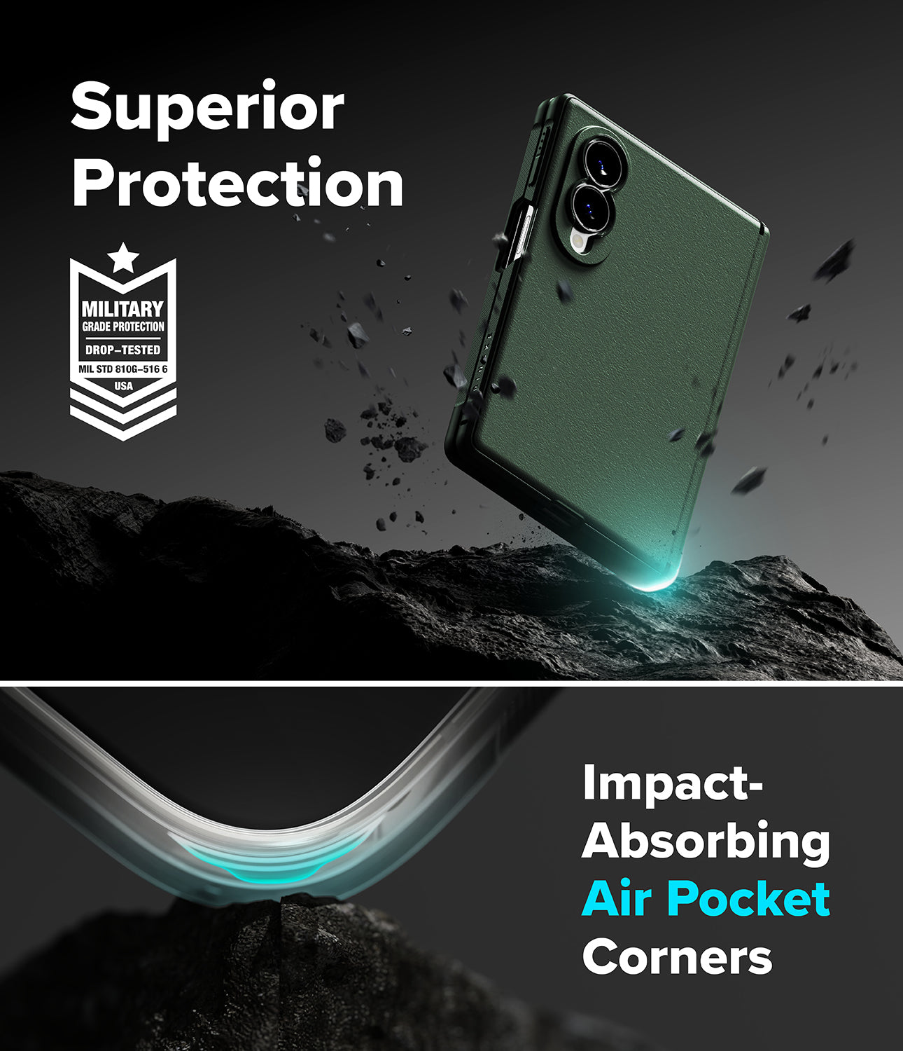 Galaxy Z Fold 8 Case | Onyx Flap Magnetic - A dark green smartphone case shown floating above a rocky surface, with promotional text reading 'Superior Protection' and 'Impact-Absorbing Air Pocket Corners.' The design includes a military impact-absorbing badge and a close-up of the curved corner protection.
