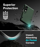 Galaxy Z Fold 8 Case | Onyx Flap Magnetic - A dark green smartphone case shown floating above a rocky surface, with promotional text reading 'Superior Protection' and 'Impact-Absorbing Air Pocket Corners.' The design includes a military impact-absorbing badge and a close-up of the curved corner protection.