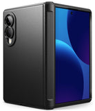 Galaxy Z Fold 8 Case | Onyx Flap - Black textured folding smartphone case shown open, with the back panel and outer edge visible and the screen turned on displaying a blue and purple wallpaper.
