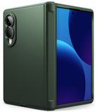 Galaxy Z Fold 8 Case | Onyx Flap - A dark green protective case for a foldable smartphone, shown partially open to display both the textured back and the screen area, set against a plain white background.