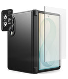 [Bundle] Galaxy Z Fold 8 | Onyx Flap + Screen / Camera Protector (2P) - A black protective phone case with a transparent screen protector partially slid off, shown next to a smartphone. The case features a textured black finish and a circular camera cutout with a black ring and white text.