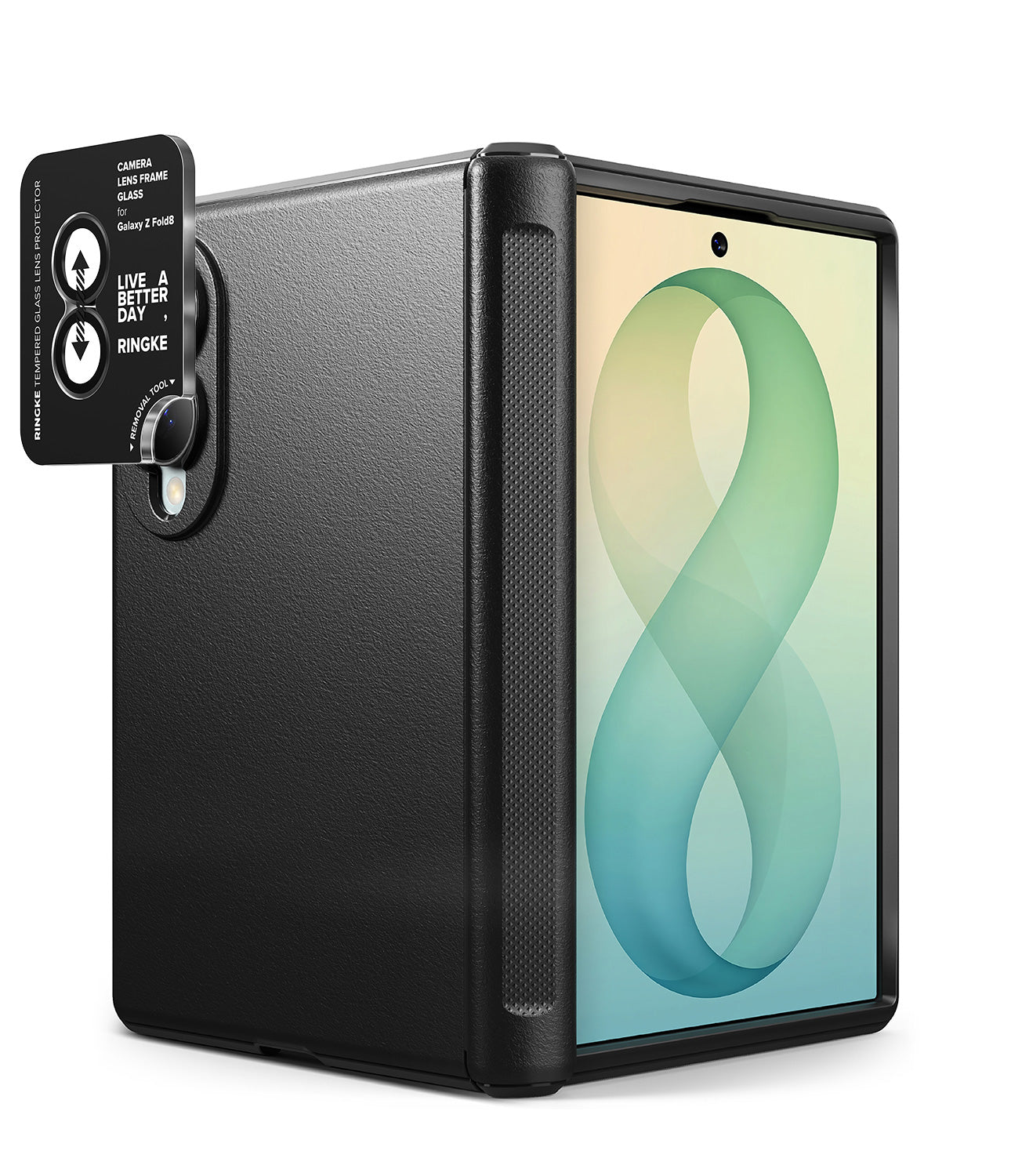 [Bundle] Galaxy Z Fold 8 | Onyx Flap + Camera Protector (2P) - A black protective case for a tablet, shown with the tablet partially inserted. The case features a textured black exterior, textured side grips, and a camera bar on the left side with a ring light and lens protector.