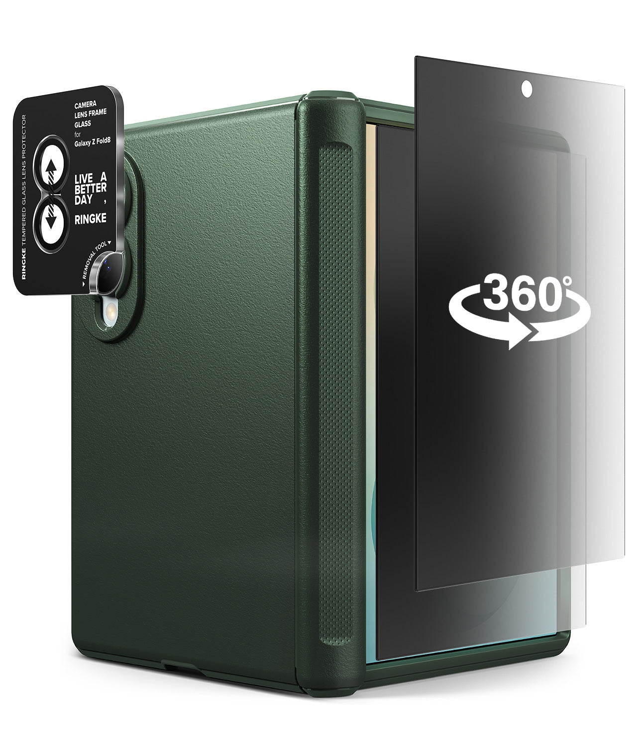 [Bundle] Galaxy Z Fold 8 | Onyx Flap (GRN) + Privacy & Camera Protectors - A dark green textured phone case shown on a white background, with a transparent screen protector partially covering the front. The protector has a white '360°' graphic and a black camera ring area with text including 'LIVE A BETTER DAY RINGKE'.