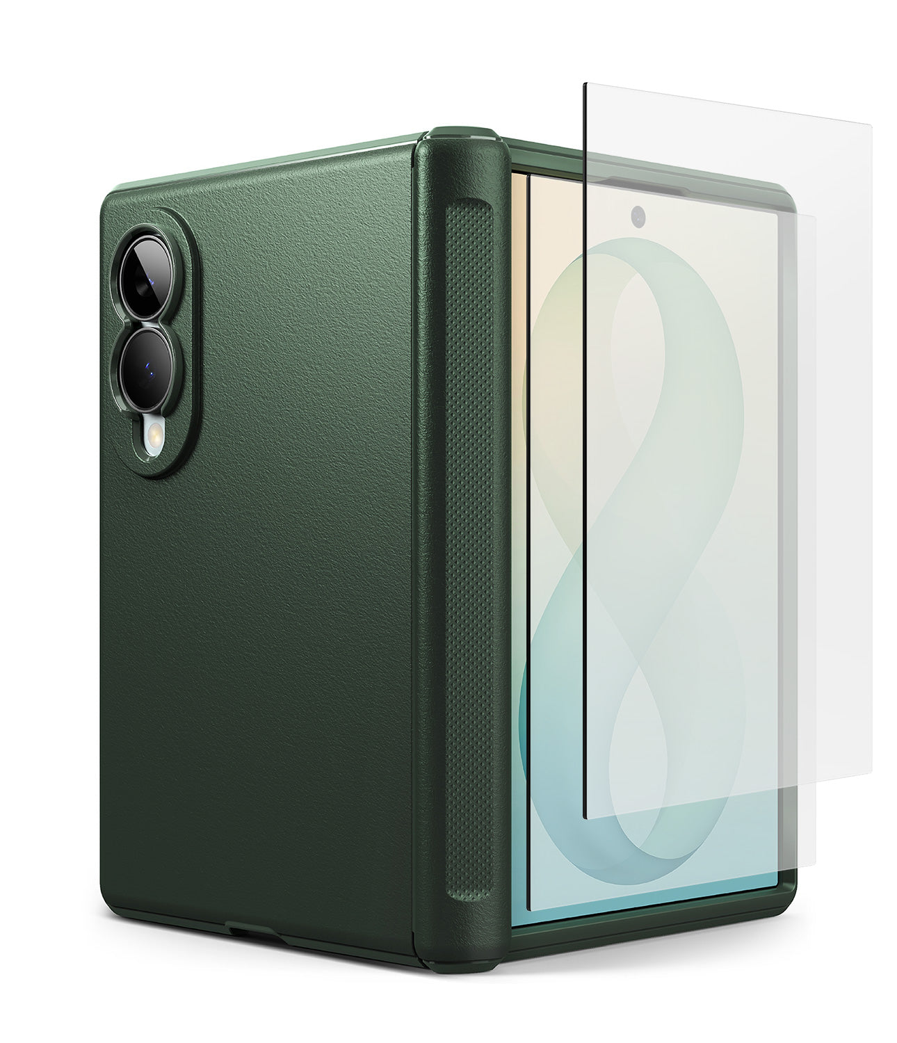 [Bundle] Galaxy Z Fold 8 | Onyx Flap + Screen Protector (2P) - A dark green textured phone case shown closed, with a transparent screen protector partially slid out from the side, set against a plain white background.