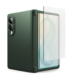 [Bundle] Galaxy Z Fold 8 | Onyx Flap + Screen Protector (2P) - A dark green textured phone case shown closed, with a transparent screen protector partially slid out from the side, set against a plain white background.
