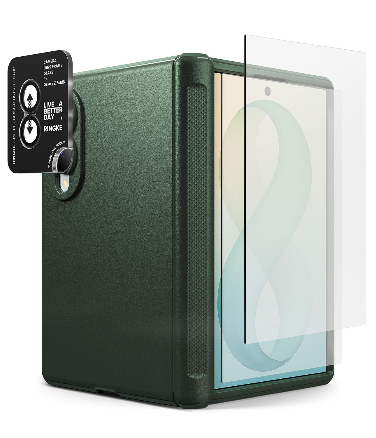 [Bundle] Galaxy Z Fold 8 | Onyx Flap + Screen / Camera Protector (2P) - A dark forest green protective phone case shown with a transparent screen protector partially covering the rear camera cutout, on a clean white background.