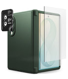 [Bundle] Galaxy Z Fold 8 | Onyx Flap + Screen / Camera Protector (2P) - A dark forest green protective phone case shown with a transparent screen protector partially covering the rear camera cutout, on a clean white background.