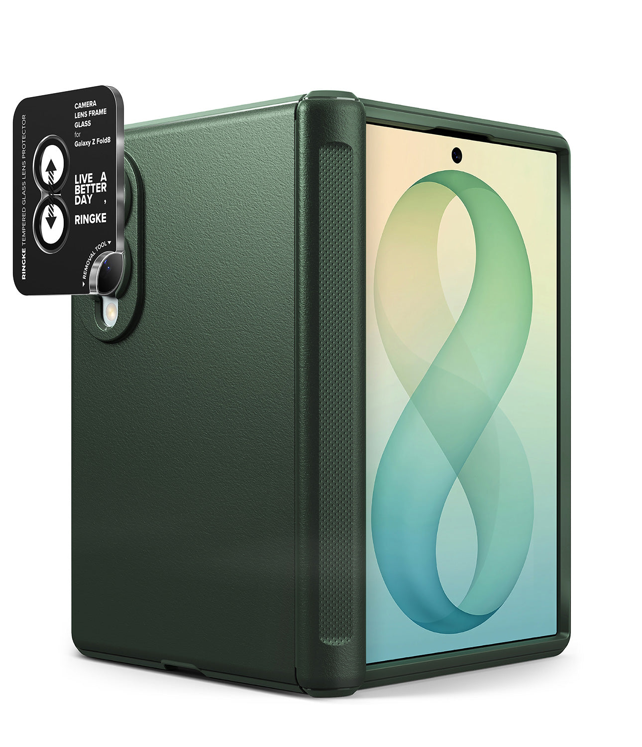 [Bundle] Galaxy Z Fold 8 | Onyx Flap + Camera Protector (2P) - A dark green protective case for a foldable tablet, shown with the tablet partially inserted. The case features a textured back panel, a camera cutout with a black ring light accessory attached, and a screen display showing a green and blue abstract design.