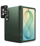 [Bundle] Galaxy Z Fold 8 | Onyx Flap + Camera Protector (2P) - A dark green protective case for a foldable tablet, shown with the tablet partially inserted. The case features a textured back panel, a camera cutout with a black ring light accessory attached, and a screen display showing a green and blue abstract design.