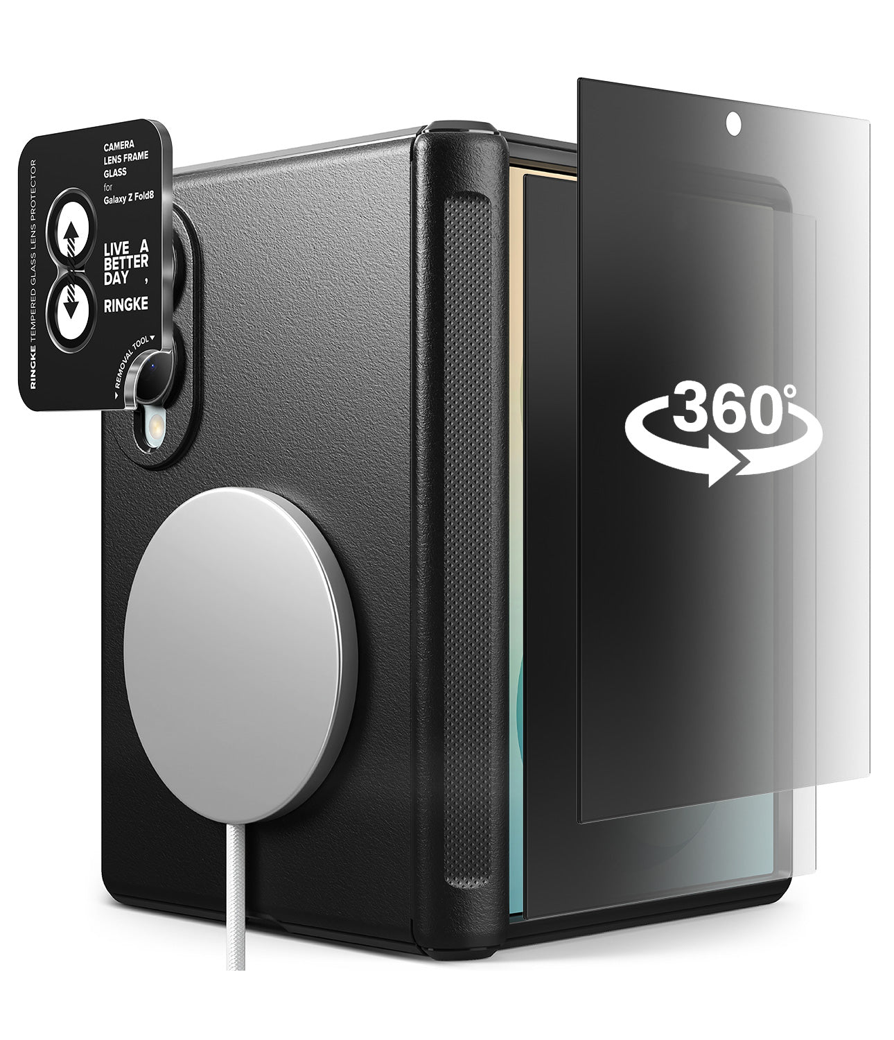 [Bundle] Galaxy Z Fold 8 | Onyx Flap Magnetic (BK) + Privacy & Camera Protectors - Black protective phone case with MagSafe compatibility, shown with a clear tempered glass screen protector featuring a 360-degree rotation graphic.