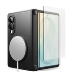 Galaxy Z Fold 8 Case | Onyx Flap Magnetic + Screen Protectors (2P) - Black protective case for a foldable smartphone with a circular MagSafe-compatible ring on the back, shown next to a clear tempered glass screen protector.