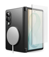 Galaxy Z Fold 8 Case | Onyx Flap Magnetic + Screen Protectors (2P) - Black protective case for a foldable smartphone with a circular MagSafe-compatible ring on the back, shown next to a clear tempered glass screen protector.