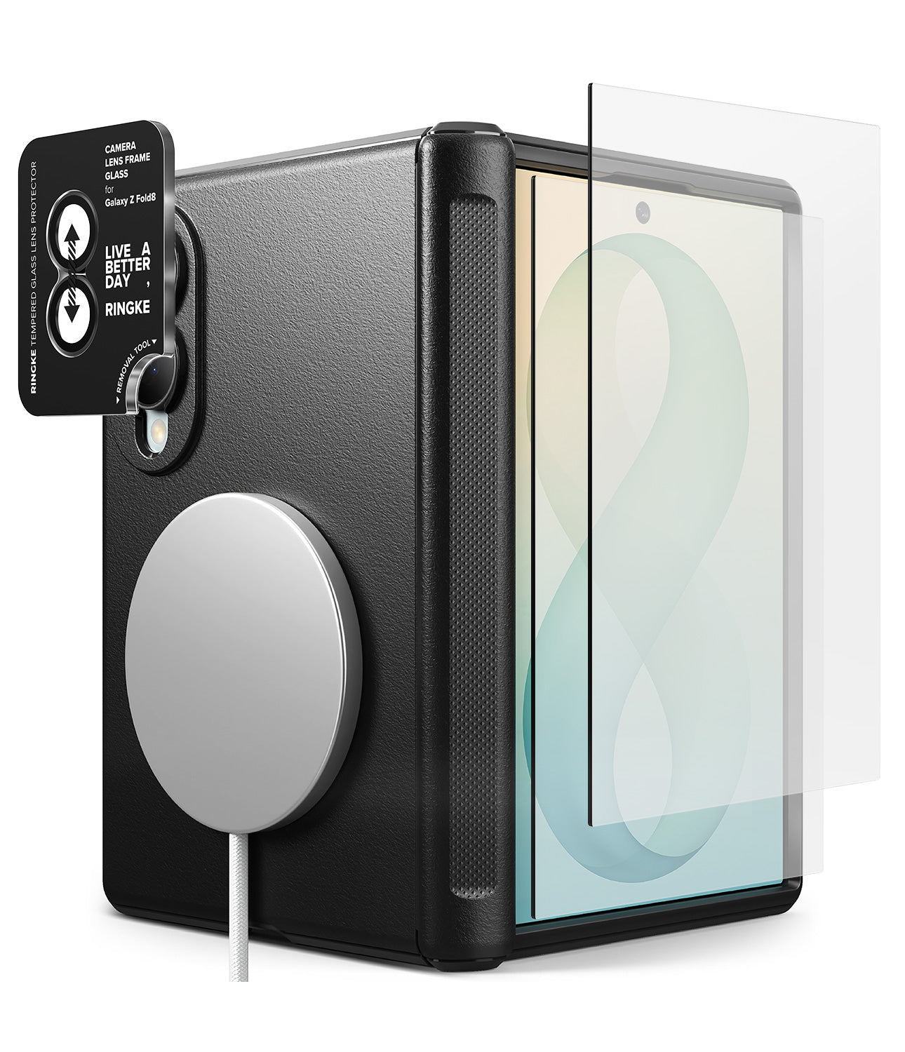 [Bundle] Galaxy Z Fold 8 | Onyx Flap Magnetic + Screen / Camera Protectors (2P) - Black protective phone case with a MagSafe-compatible magnetic ring, shown with a transparent screen protector partially applied to the back.