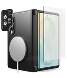 [Bundle] Galaxy Z Fold 8 | Onyx Flap Magnetic + Screen / Camera Protectors (2P) - Black protective phone case with a MagSafe-compatible magnetic ring, shown with a transparent screen protector partially applied to the back.