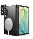 Galaxy Z Fold 8 Case | Onyx Flap Magnetic + Camera Protectors (2P) - A black protective phone case with a textured grip, shown fitted on a tablet. The case features a large circular MagSafe-compatible magnetic ring on the back and a small black camera lens protector with white text reading 'LIVE A BETTER DAY RINGKE' and camera icons.