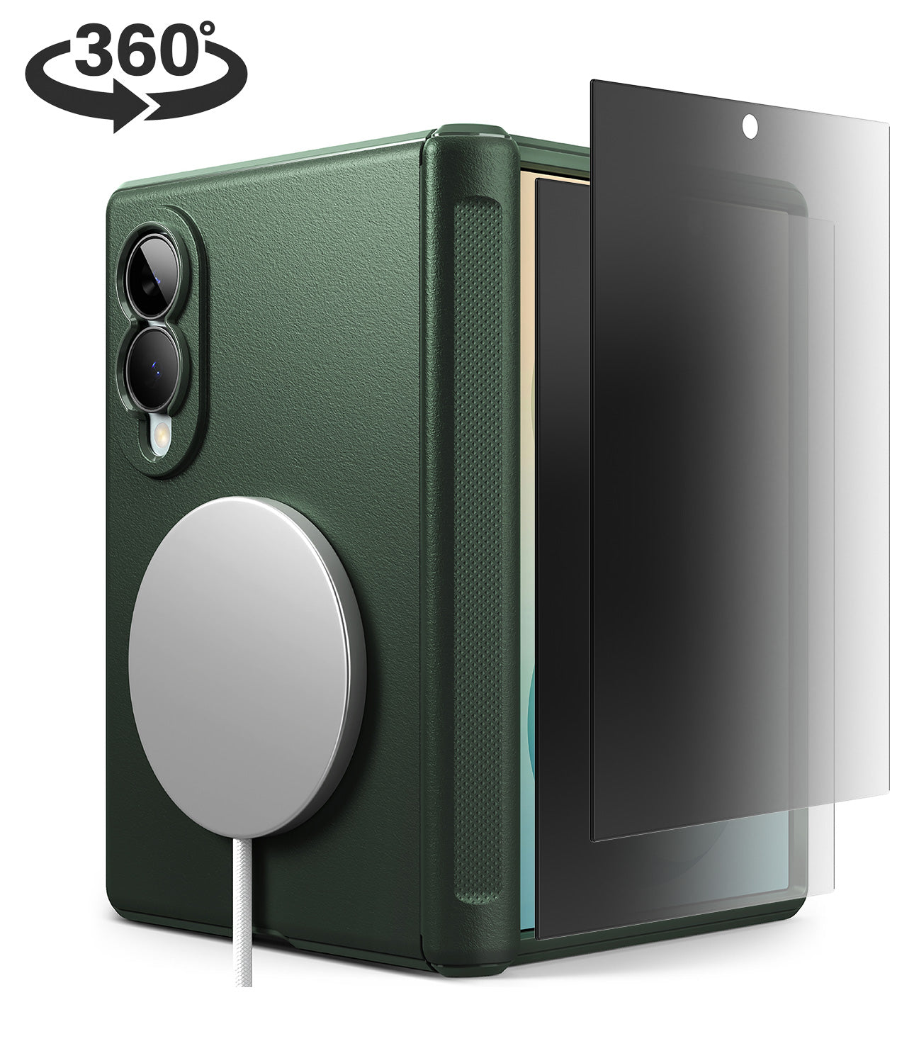 [Bundle] Galaxy Z Fold 8 | Onyx Flap Magnetic (GRN) + Privacy Protectors - Dark green protective phone case with a built-in MagSafe ring, shown alongside a clear screen protector and a black circular 360-degree rotation graphic on a white background.
